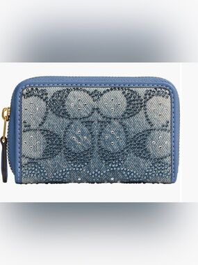 Coach Denim Crystal-Studded Zip Wallet in Light Blue